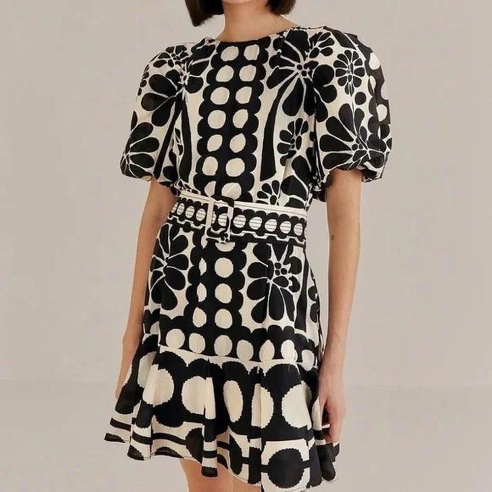 FARM Rio Black and White A-line Mini Dress